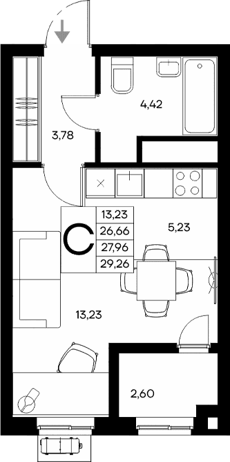 Студия, 26.66 м²
