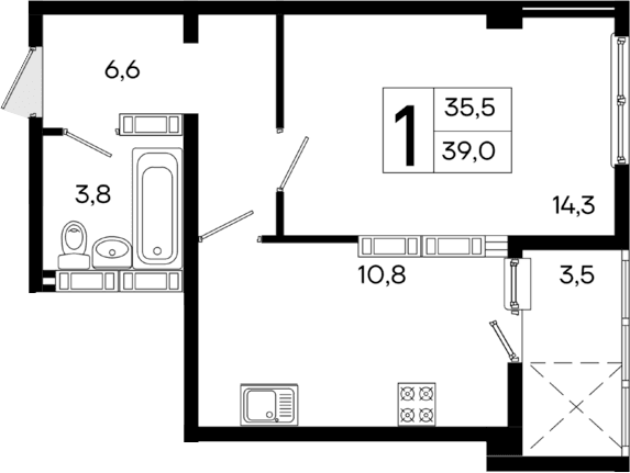 1-комн., 35.5 м²