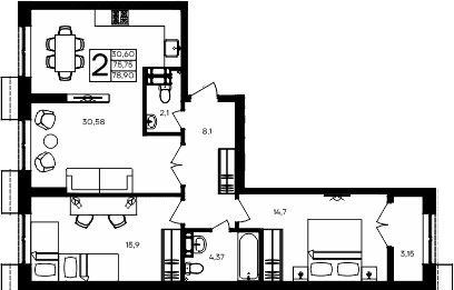 2-комн., 75.75 м²