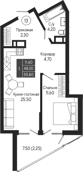 1-комн., 48.3 м²