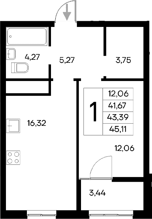 1-комн., 41.67 м²
