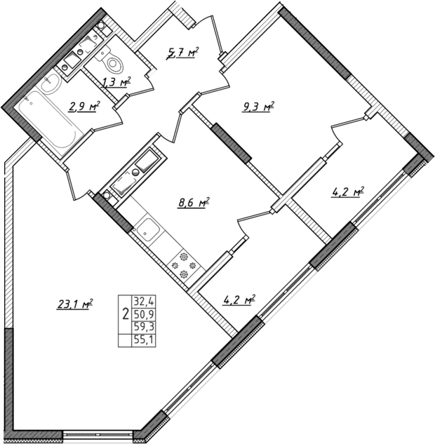 2-комн., 50.9 м²
