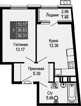 1-комн., 36.83 м²