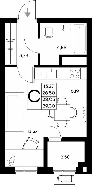 Студия, 26.8 м²
