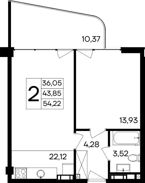 1-комн., 43.85 м²