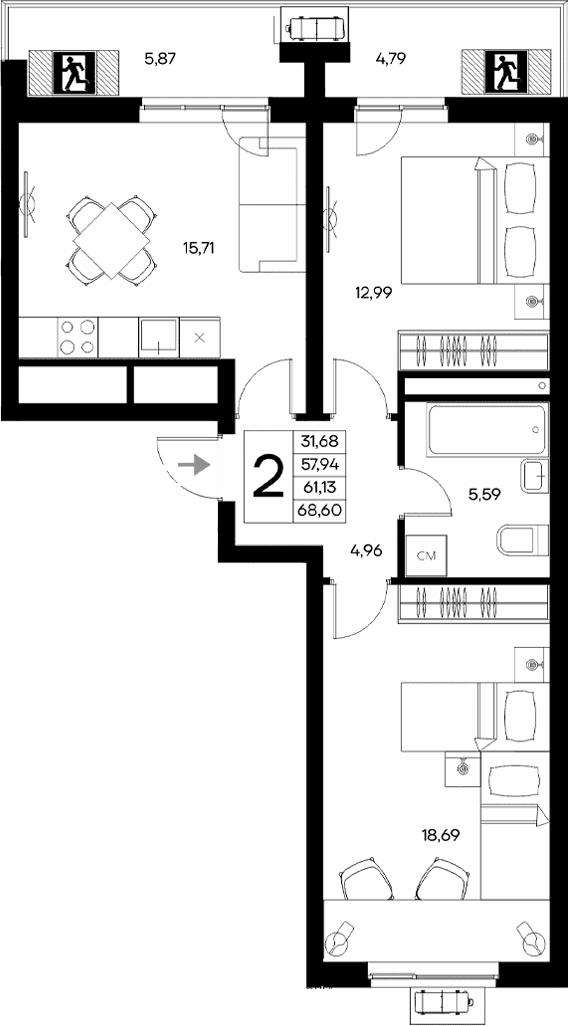 2-комн., 57.94 м²