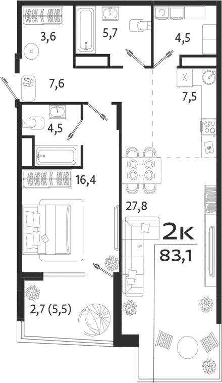 1-комн., 77.6 м²
