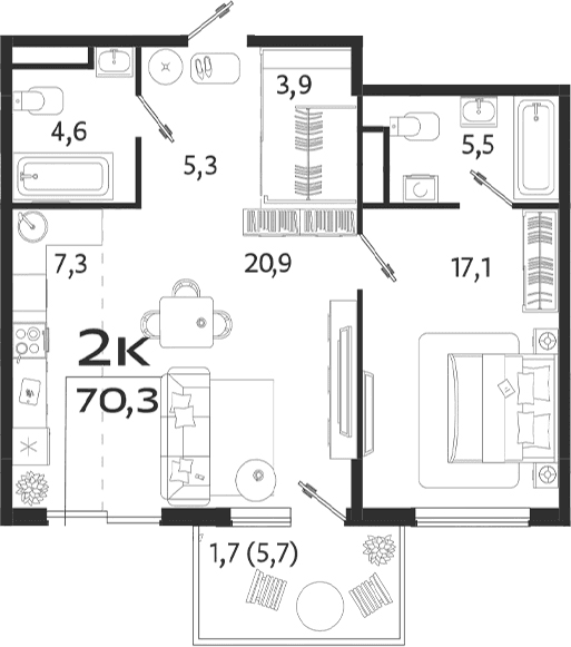 2-комн., 64.6 м²