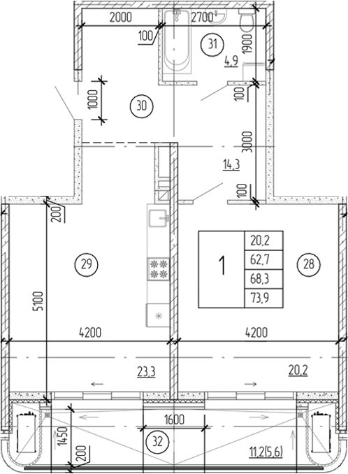 1-комн., 62.7 м²