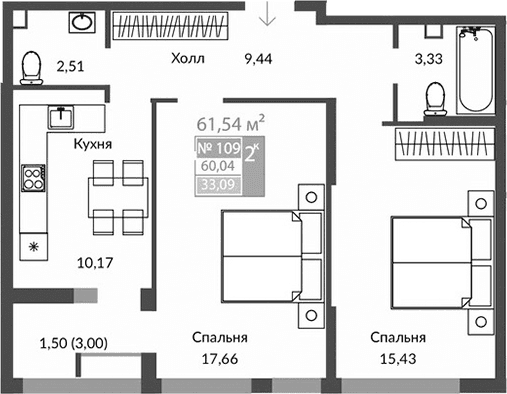 2-комн., 58.54 м²