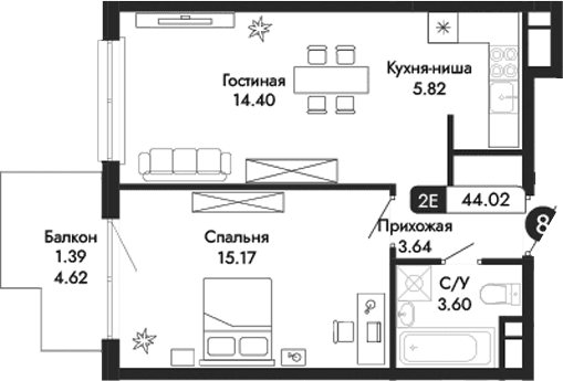 2-комн., 42.63 м²