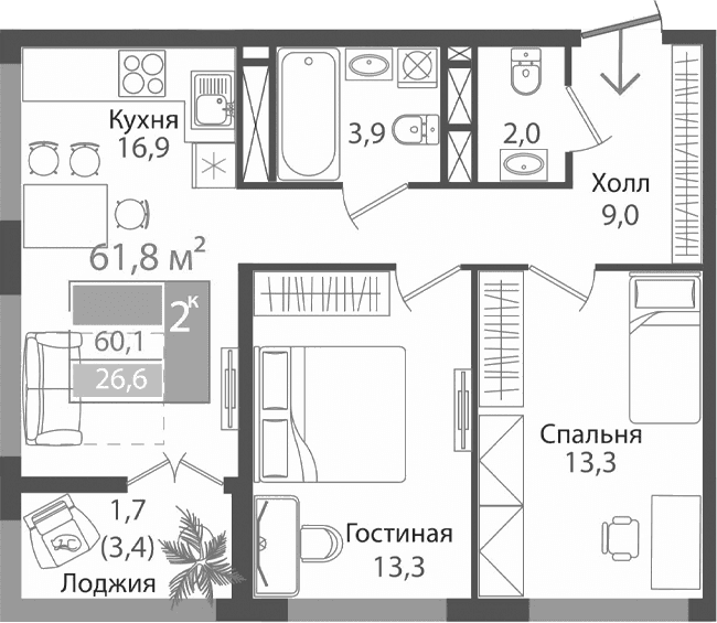 3-комн., 58.4 м²