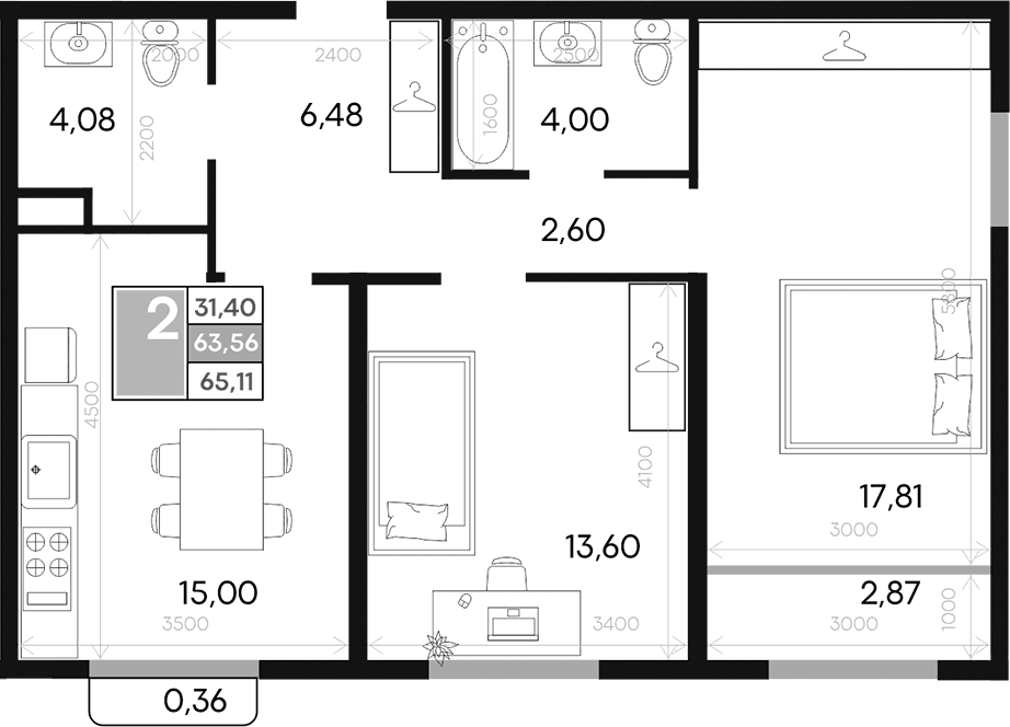 2-комн., 63.56 м²