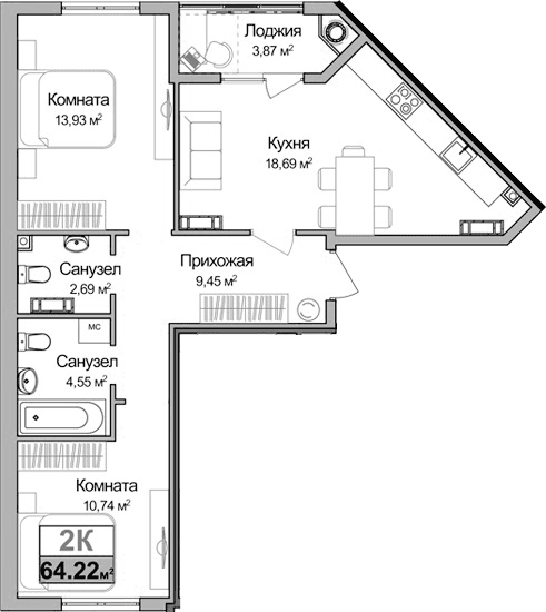 2-комн., 58.42 м²
