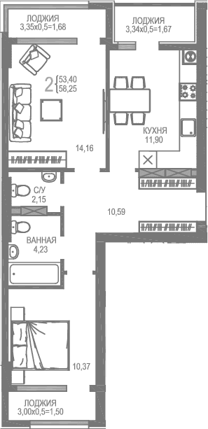 2-комн., 53.4 м²