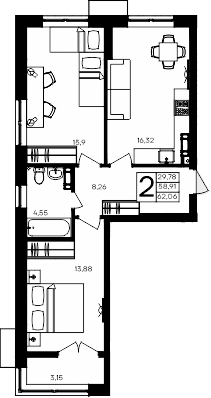 2-комн., 58.91 м²