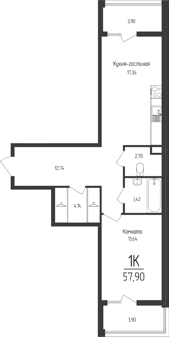 1-комн., 54 м²