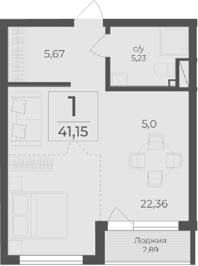 Студия, 38.26 м²