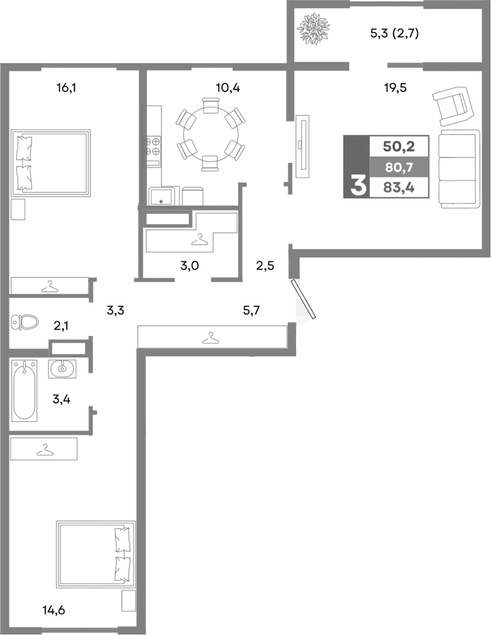 3-комн., 80.7 м²