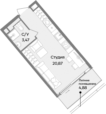Студия, 24.34 м²