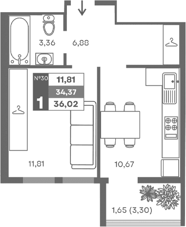 1-комн., 32.72 м²