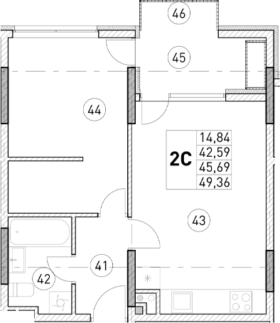 1-комн., 42.59 м²