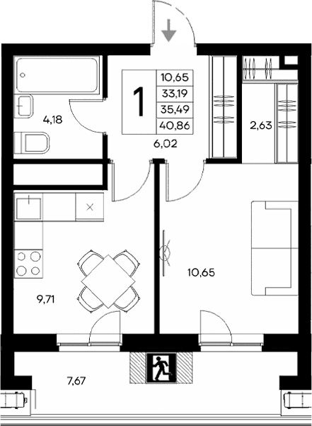 1-комн., 33.19 м²