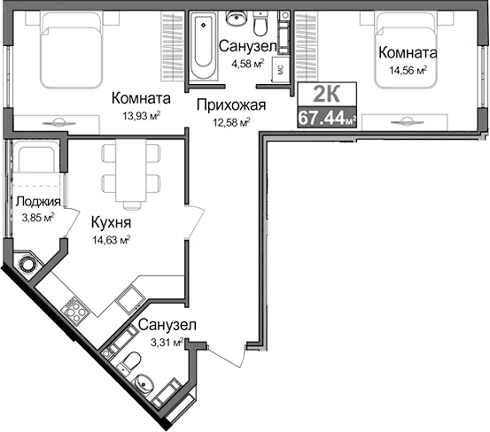 2-комн., 61.66 м²