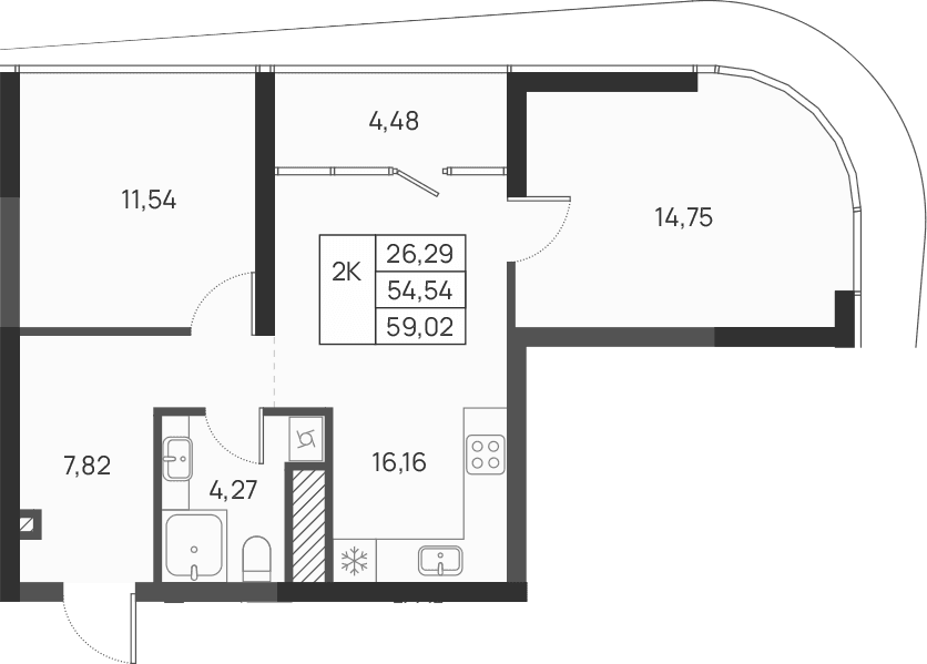 2-комн., 54.54 м²