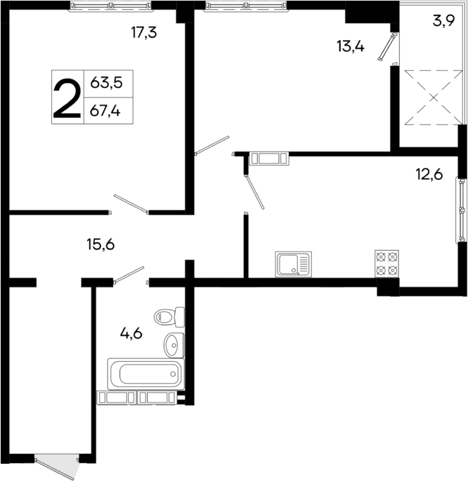 2-комн., 63.5 м²