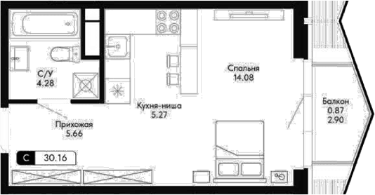 Студия, 29.29 м²