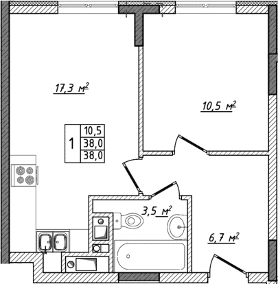 2-комн., 38 м²