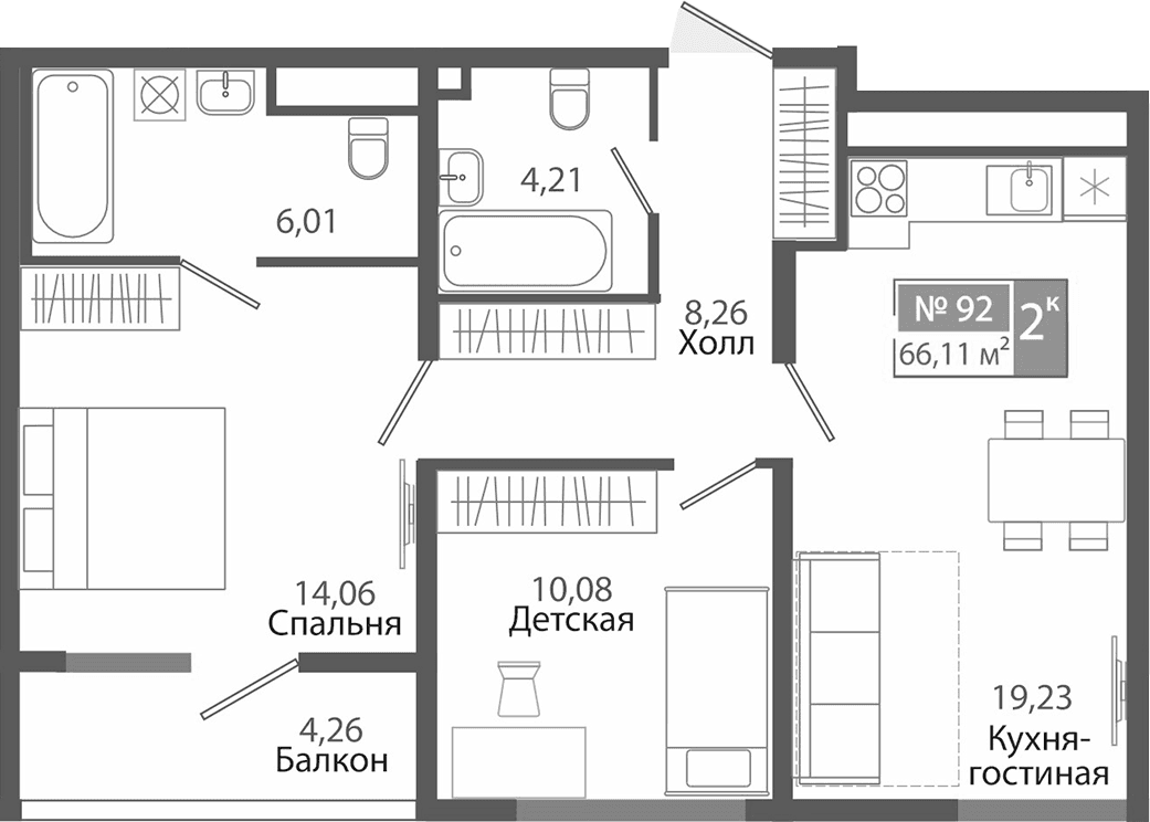 2-комн., 61.85 м²