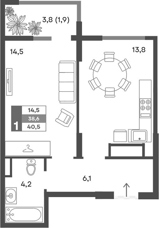 2-комн., 38.6 м²
