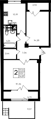2-комн., 57.57 м²