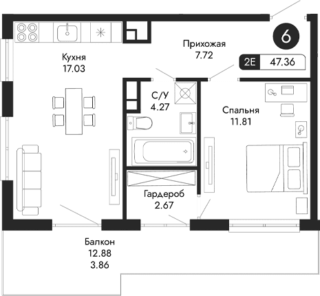 2-комн., 43.5 м²