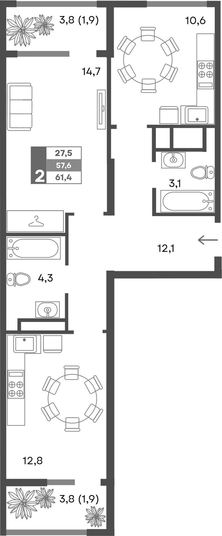 2-комн., 57.6 м²
