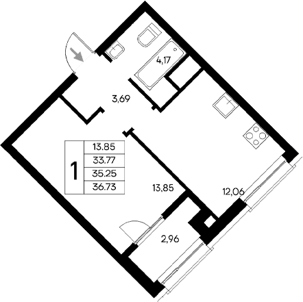 1-комн., 33.77 м²