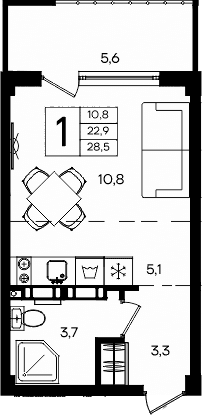Студия, 22.9 м²