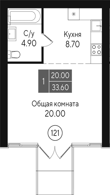 Студия, 33.6 м²