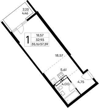 Студия, 35.16 м²