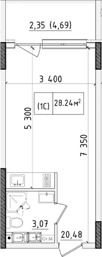 Студия, 22.81 м²
