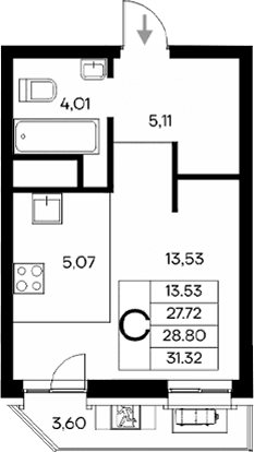 Студия, 27.72 м²