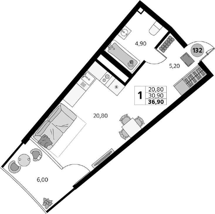 Студия, 30.9 м²