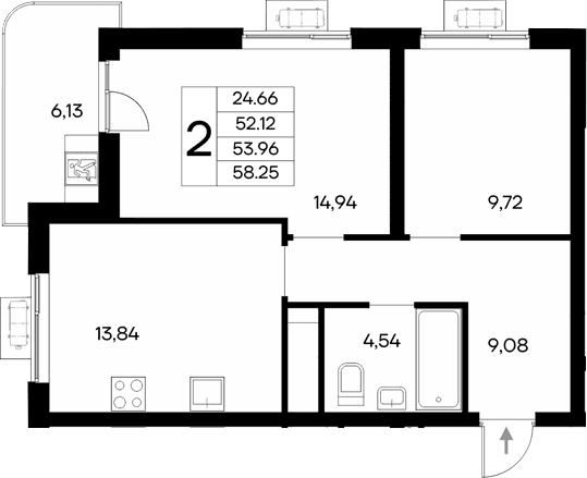 2-комн., 52.12 м²
