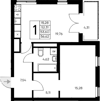 1-комн., 52.31 м²