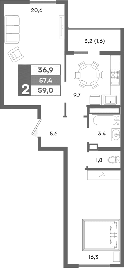 2-комн., 57.4 м²