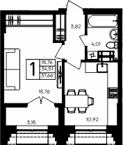 1-комн., 34.51 м²