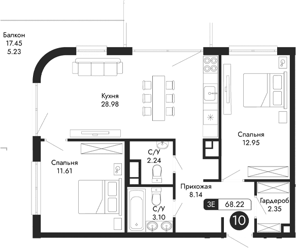 3-комн., 69.03 м²