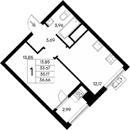 1-комн., 33.67 м²